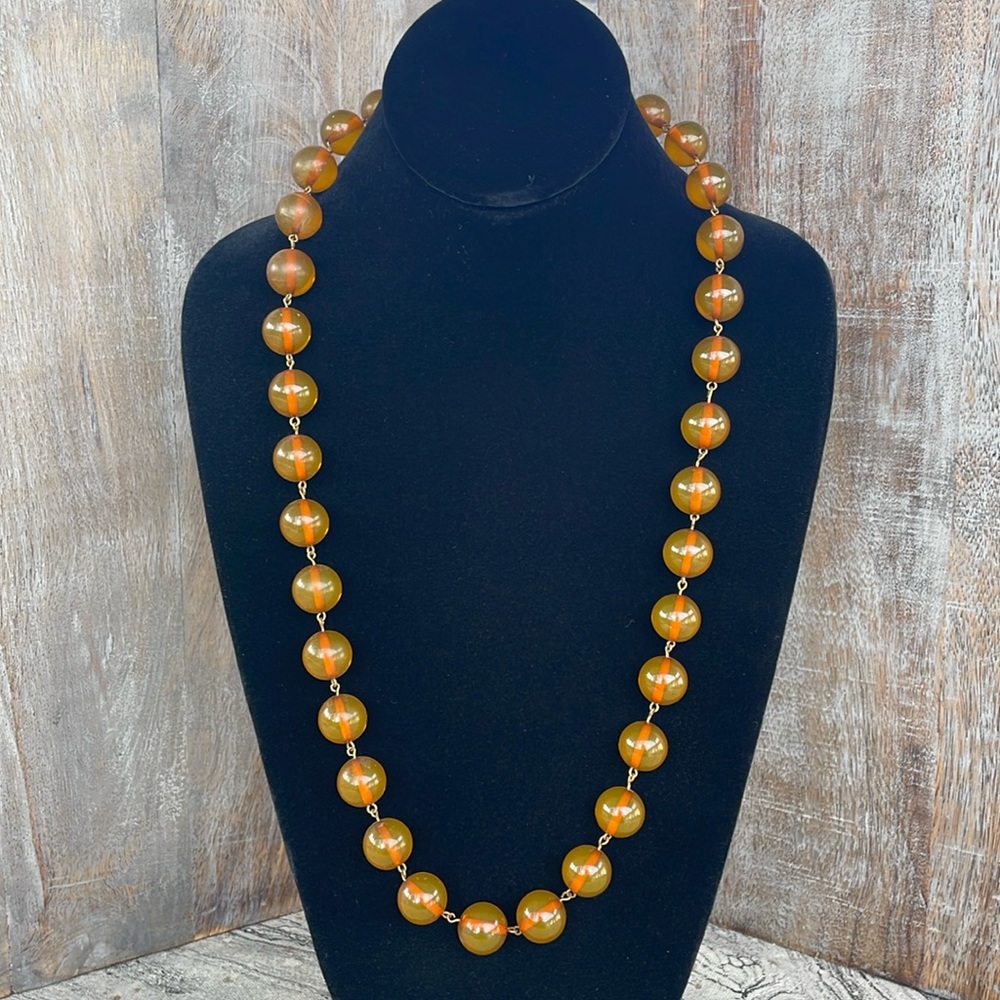 Vintage Long Honey Golden to Yellow Green to Orange Glass Bead Necklace